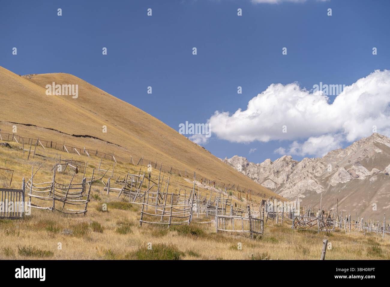 Vue sur le vieux cimetière traditionnel dans un petit village isolé au Kirghizistan Banque D'Images