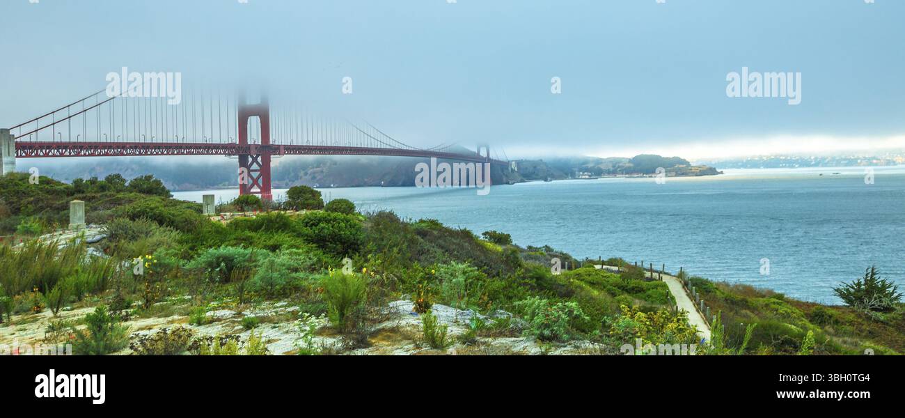 Panorama du Golden Gate Bridge avec de l'herbe bien verte au premier plan à partir de la rive sud. Symbole, icône et emblème de San Francisco, California, United States. Banque D'Images