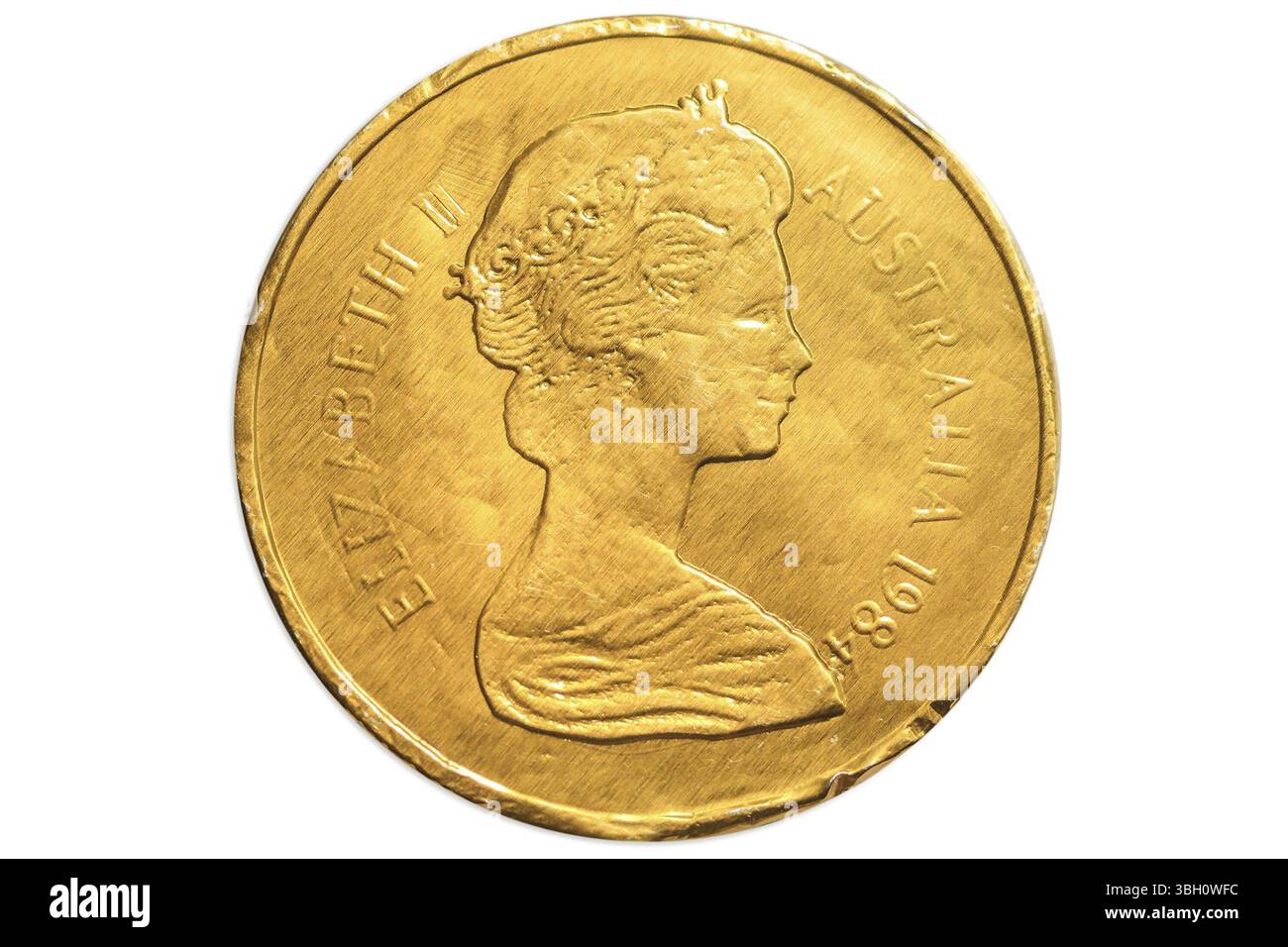 Pièce de chocolat d'or australien de 1 dollar de l'Australie, monnaie AUD, gros plan sur le côté tête de la reine Elizabeth II. isolé sur le studio blanc bac Banque D'Images