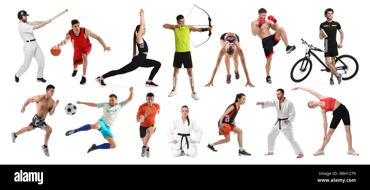 Les gens engagés dans différentes activités sportives sur fond blanc, collage Banque D'Images