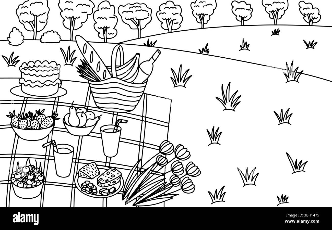 Pique-nique sur le champ d'été vecteur esquisse dessinée à la main Illustration de Vecteur