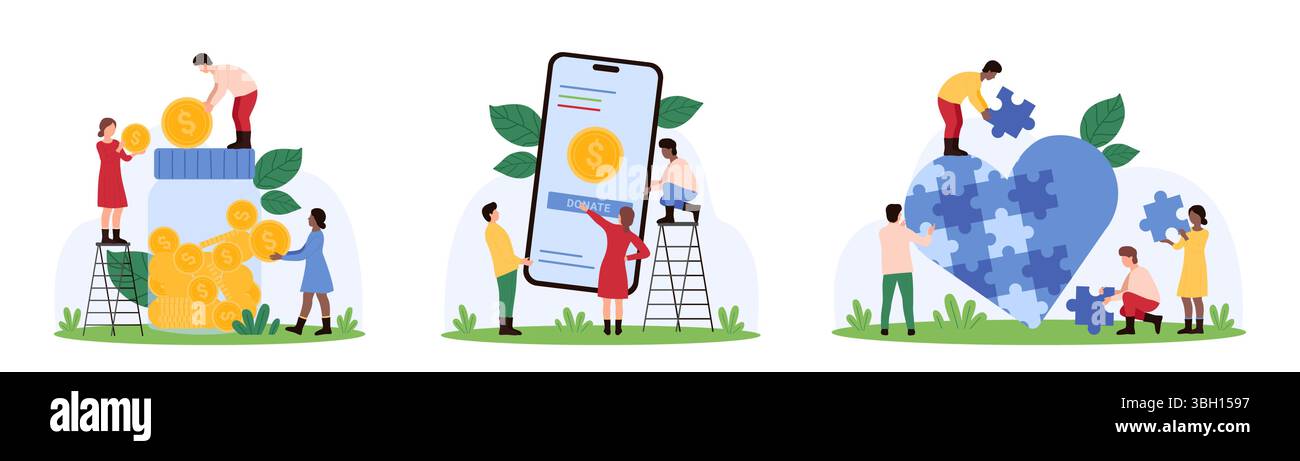 Charité, générosité et soutien de la communauté, ensemble philanthropique. De minuscules personnes collectent des pièces d'or dans un pot en verre, donnent de l'argent avec l'application mobile, font du cœur sur des pièces de puzzle illustration vectorielle de dessin animé Illustration de Vecteur