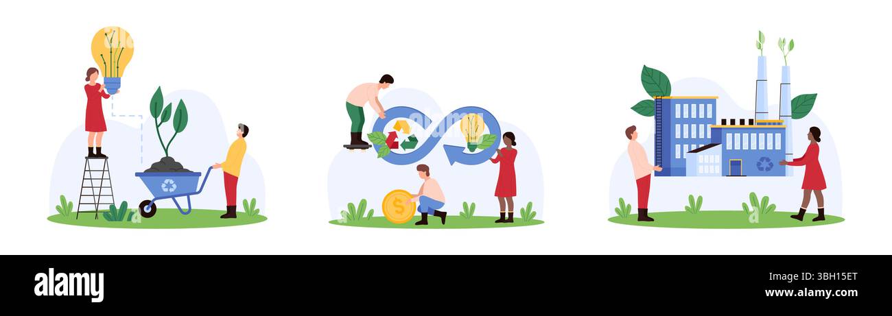 Ensemble de développement de projet de crédit carbone. De minuscules personnes tenant le modèle d'usine avec feuille et signe de circulation, argent et ampoule pour développer l'illustration vectorielle de dessin animé de stratégie d'émission de CO2 Illustration de Vecteur