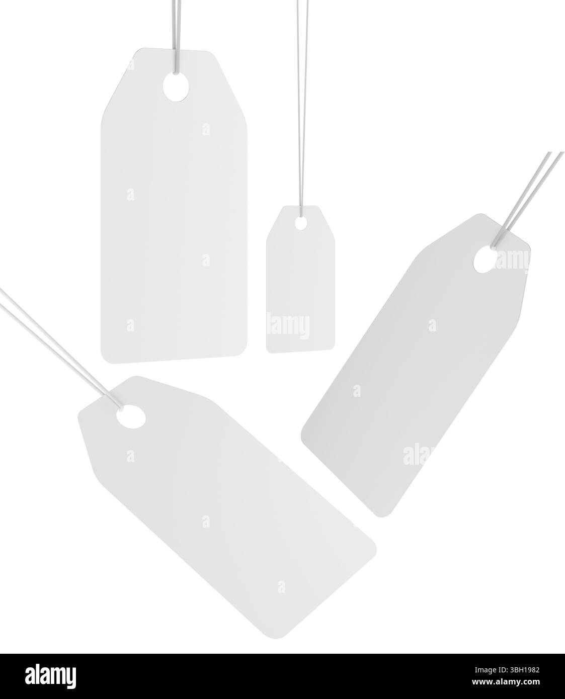 Ensemble d'étiquettes de prix blanches vierges avec des cordes, dans différentes tailles et angles. Rendu 3D isolé sur fond blanc Banque D'Images