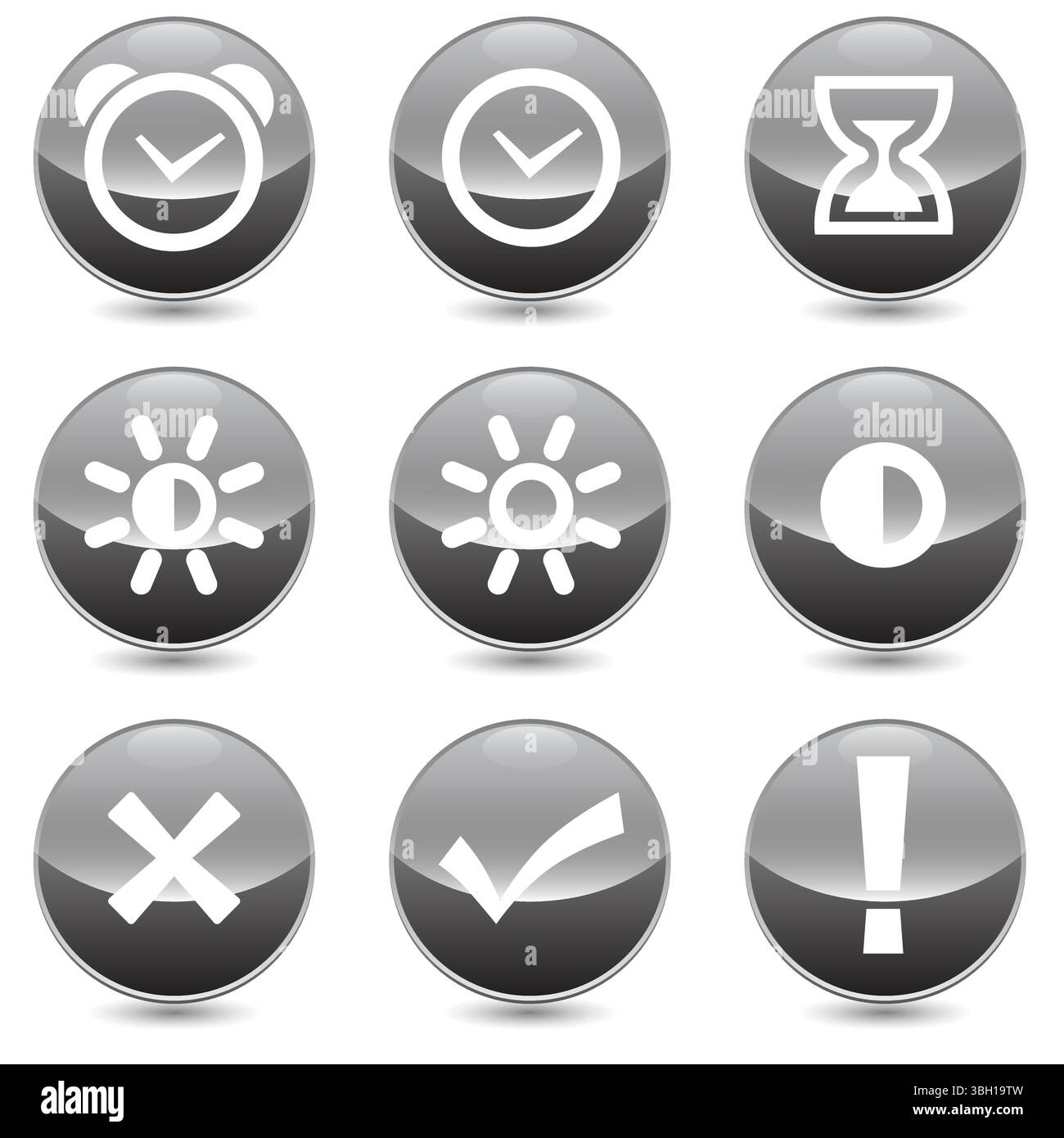 Ensemble de 9 icônes linéaires de vecteur de temps et d'horloge. horloge, réveil, luminosité, soleil, droite, faux, icônes d'exclamation. Collection isolée pour toile SIT Illustration de Vecteur