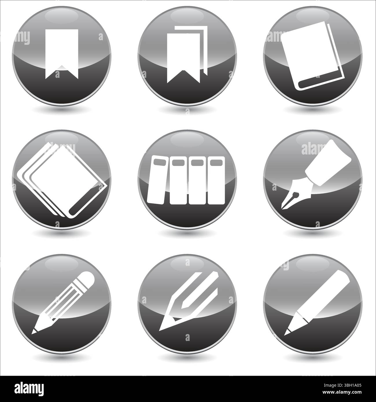 Ensemble de 9 icônes linéaires vectorielles de papeterie. livres, fichiers, stylo, crayon, marque-pages et icônes etc. Collection isolée pour les sites Web icône sur sphère grise arrondie Illustration de Vecteur