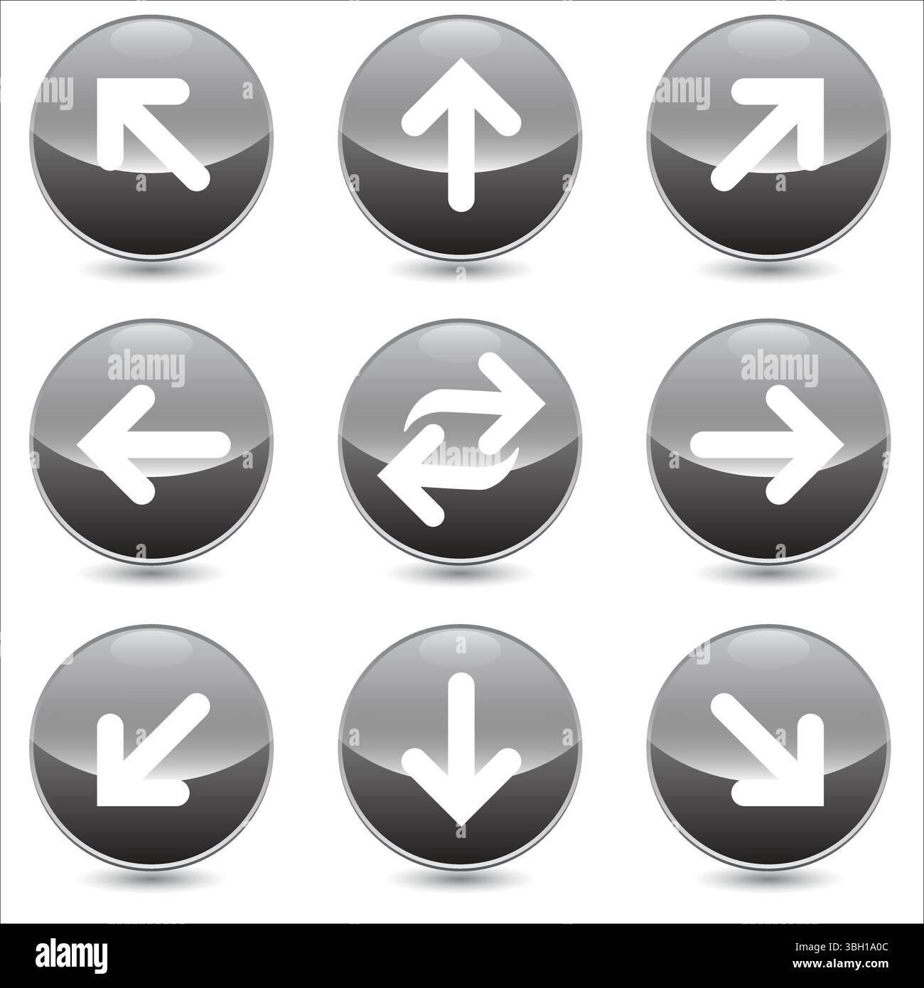 Ensemble de 9 icônes linéaires vectorielles de flèches. icônes droite, gauche, haut, bas, etc. Collection isolée pour l'icône de sites Web sur fond arrondi de sphère grise Illustration de Vecteur