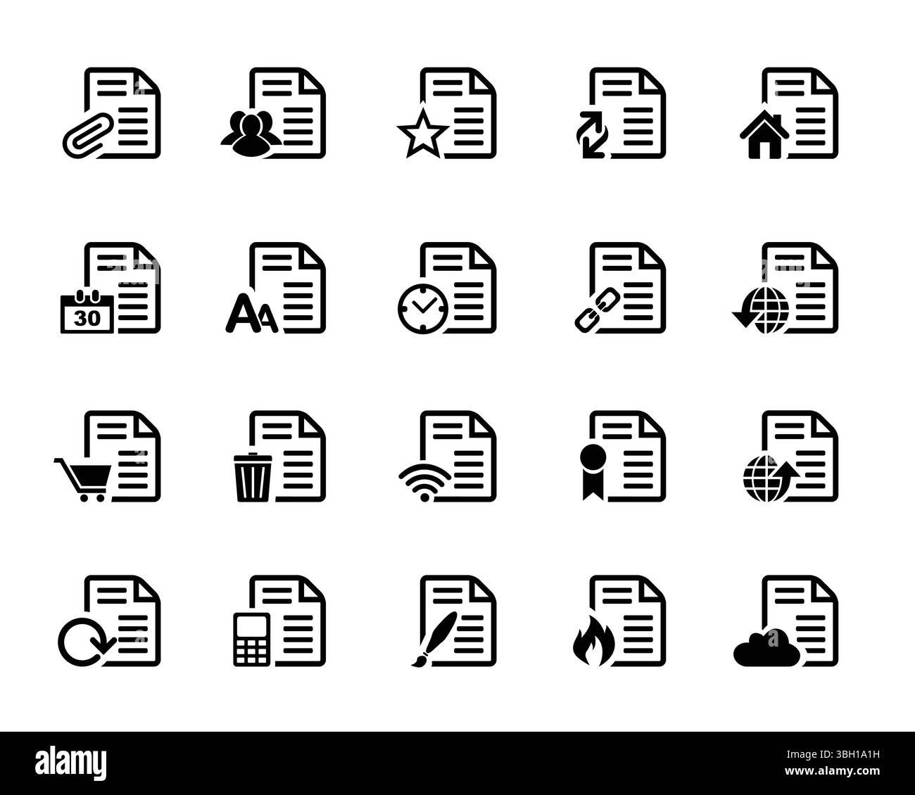 Ensemble d'icônes vectorielles de page de document. épingler, étoile des personnes, rafraîchir, accueil, calendrier, police, heure, lien, télécharger, panier, bin, wi-fi, signet, télécharger, refrsh, Illustration de Vecteur