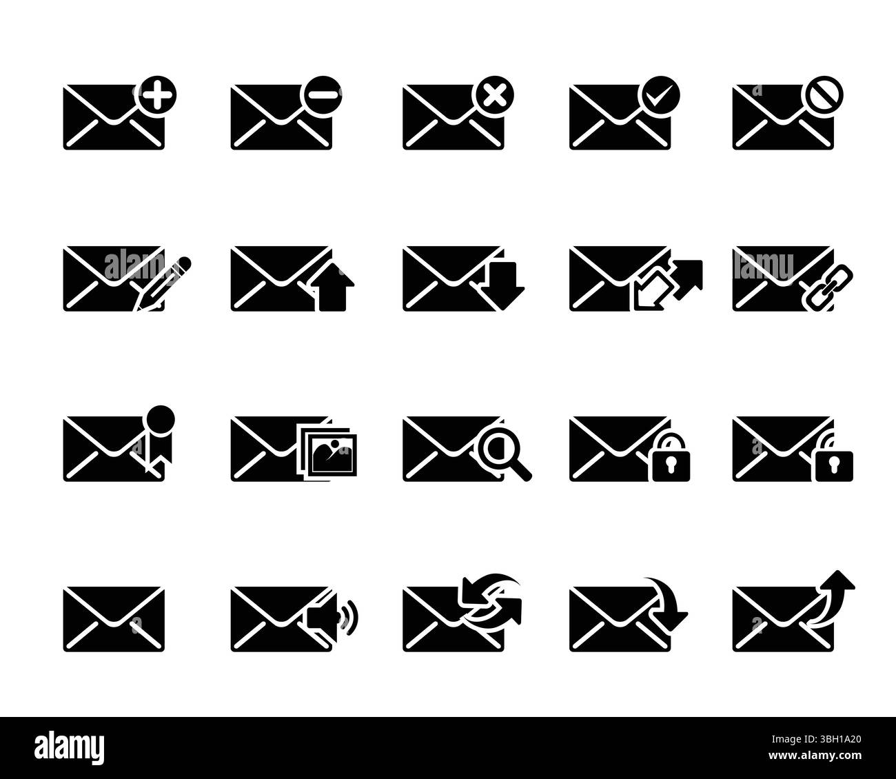 Ensemble d'icônes vectorielles d'e-mail. plus, moins, supprimer, droite, maintenir, stylet, haut, bas, rafraîchir, lien, signet, photos, zoom, verrouillage, déverrouillage, musique, télécharger, descendre Illustration de Vecteur