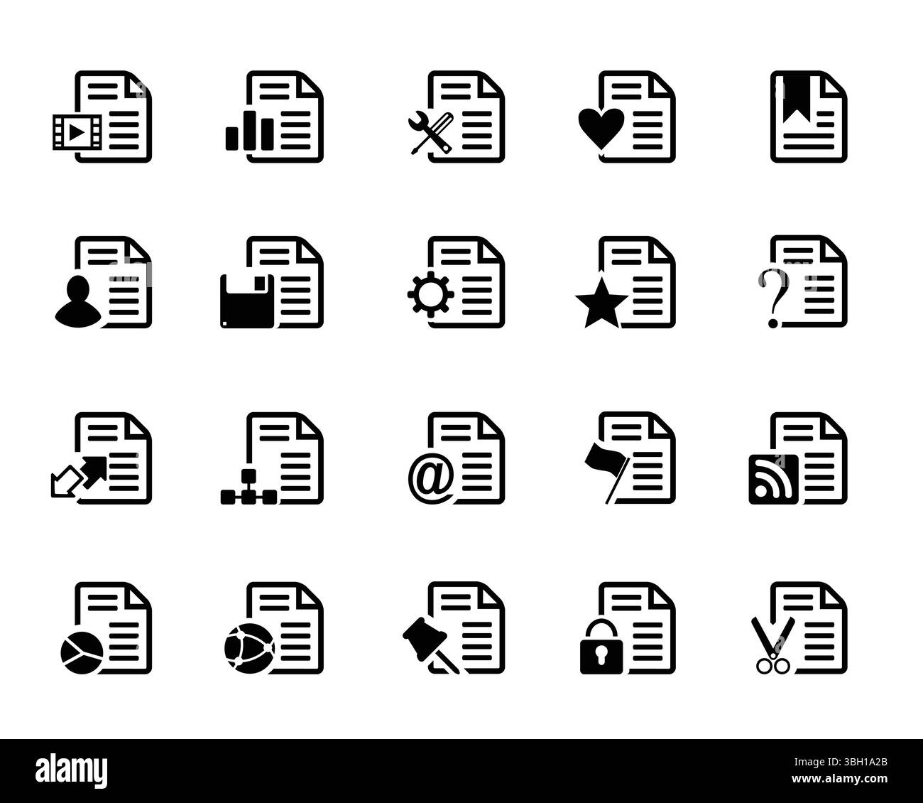 Ensemble d'icônes vectorielles de page de document. clip, graphique, paramètres, cœur, signet, people, save, star, question, up-down, structure, id e-mail, drapeau, web, pin, Illustration de Vecteur