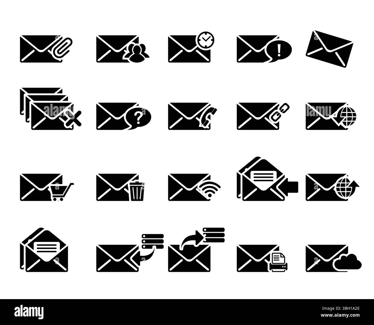 Ensemble d'icônes vectorielles de courriels. pin, personnes, heure, domicile, supprimer, question, agenda téléphonique, dissocier, télécharger, panier, bin, wi-fi, signet, téléchargement, référencement, étal Illustration de Vecteur