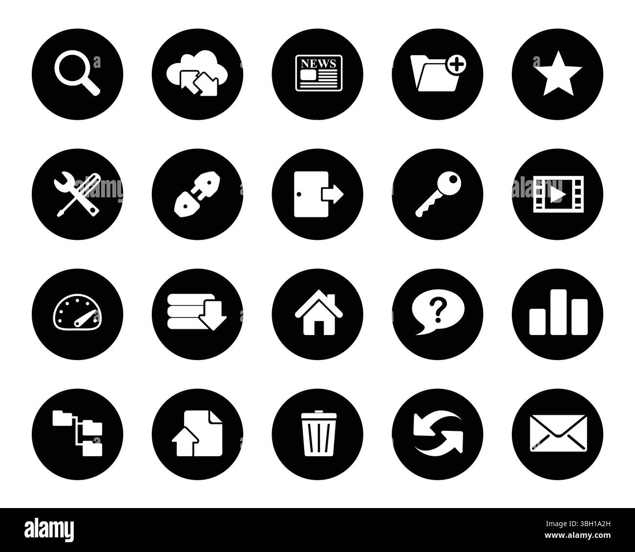 Hébergement, web, document, compteur, clé, film, maison, bin, rafraîchir, star, paramètres etc Pixels Perfect Vector icônes sur le cercle noir pour les graphiques Web. Simple Illustration de Vecteur