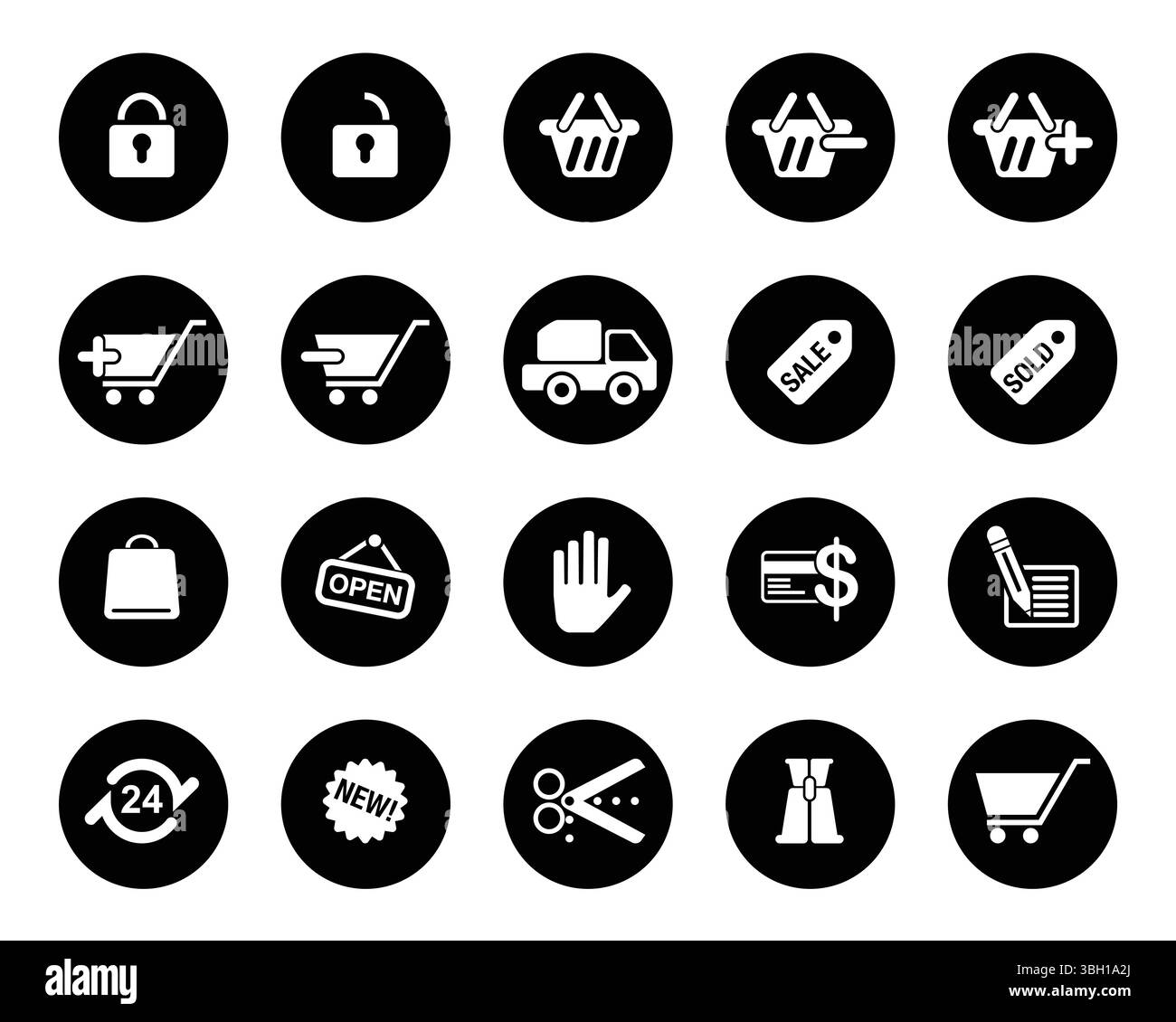 Panier Pixel Perfect Vector icônes sur cercle noir pour graphiques Web. Simple minimal Illustration de Vecteur