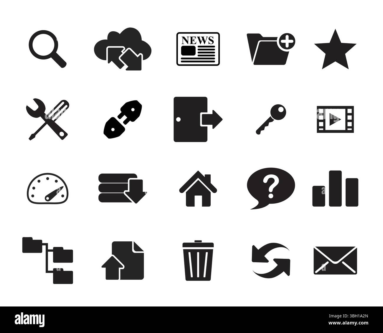 Hébergement, web, document, compteur, clé, film, maison, bin, rafraîchir, star, paramètres etc Icônes vectorielles Pixel Perfect pour les graphiques Web. Simple minimal Illustration de Vecteur