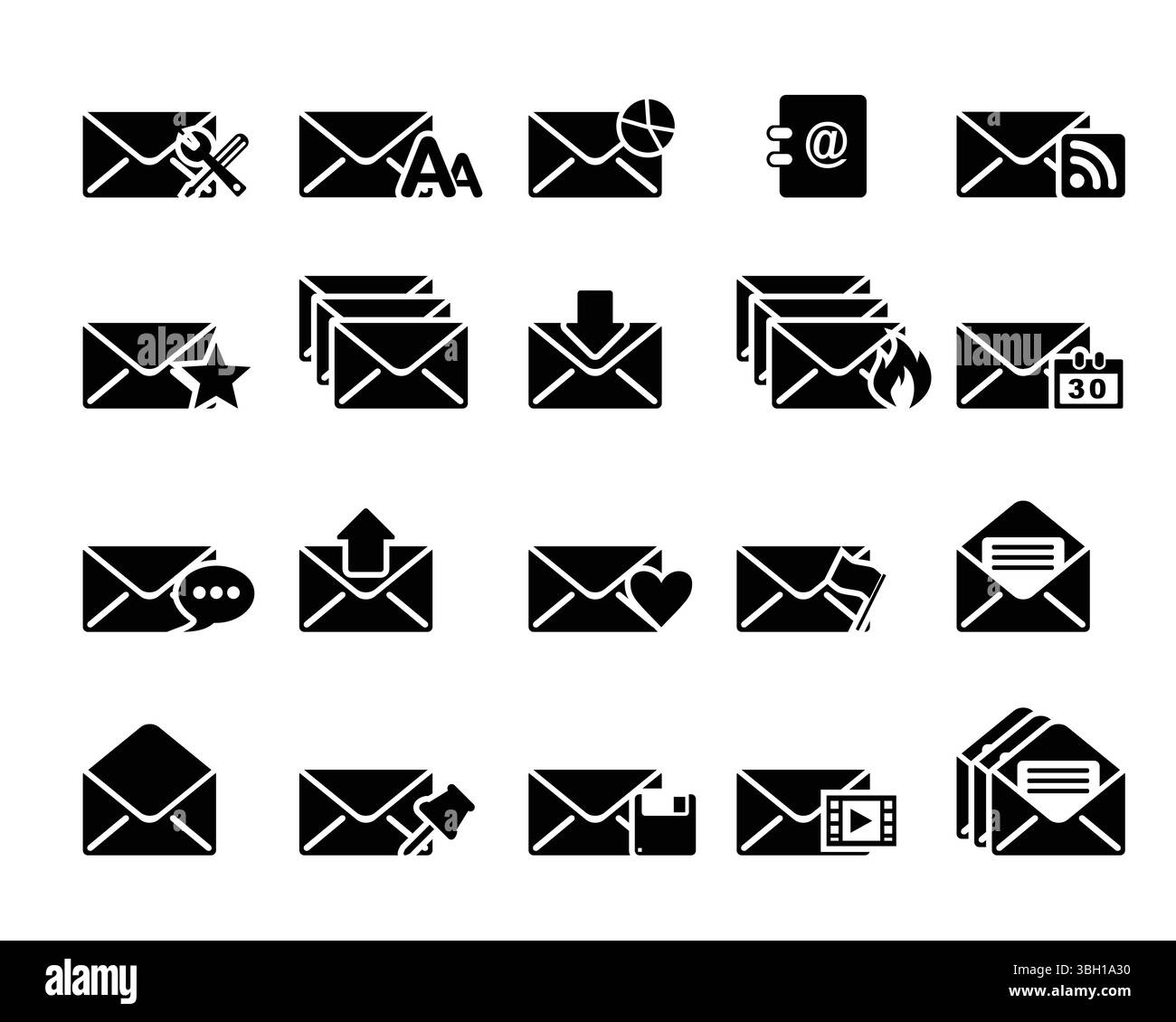 Ensemble d'icônes vectorielles d'e-mail. paramètres, police, web, étoile, graver, calendrier, commentaire, e-mails, cœur, signet, fichiers, pages, épingler, enregistrer, film, paramètres etc. i Illustration de Vecteur