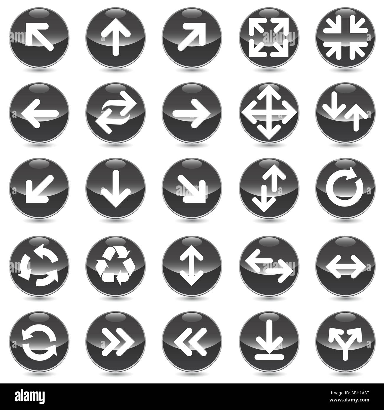 Icône flèche définie. Flèche. Curseur. Collection différents signes de flèche sur la sphère noire. Différents symboles de direction de flèche de curseur en style plat Illustration de Vecteur