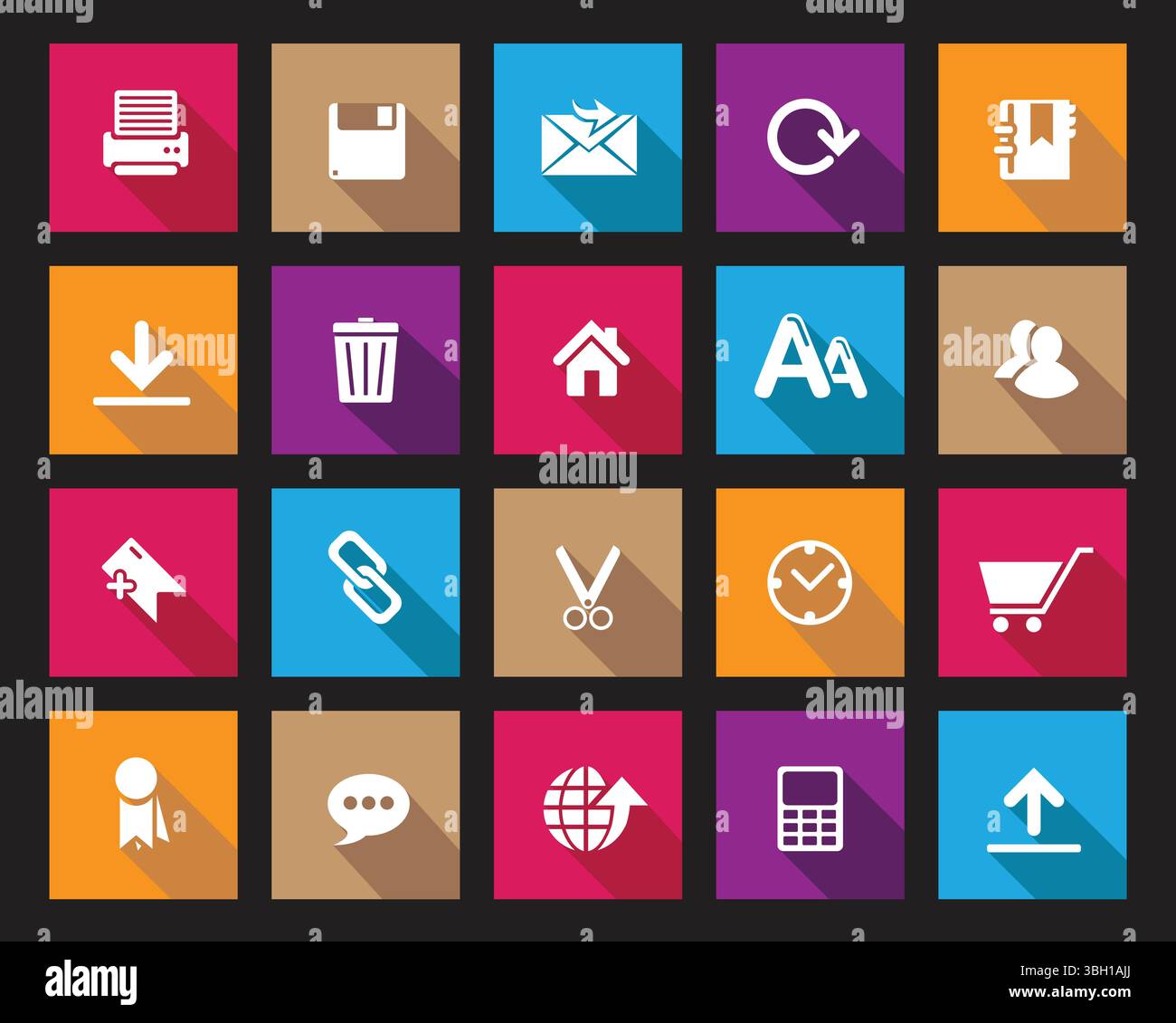 Icônes Web blanches sur carré coloré avec ombre, web et vecteur d'icônes de communication pour ordinateur web et mobile Illustration de Vecteur