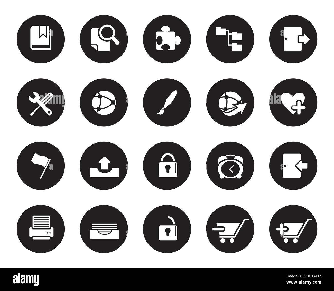 Icônes Web blanches simples sur cercle noir. Vecteur de jeu d'icônes Web, vecteur d'icônes Contactez-nous pour ordinateur Web et mobile Illustration de Vecteur