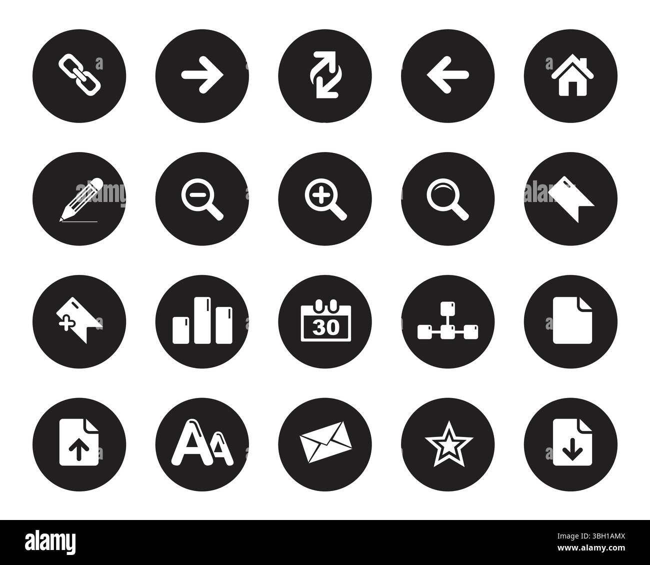 Icônes Web blanches simples sur cercle noir. Icônes Web définir le vecteur de symbole. Ensemble d'icônes isolé modifiable à plat vectoriel Illustration de Vecteur