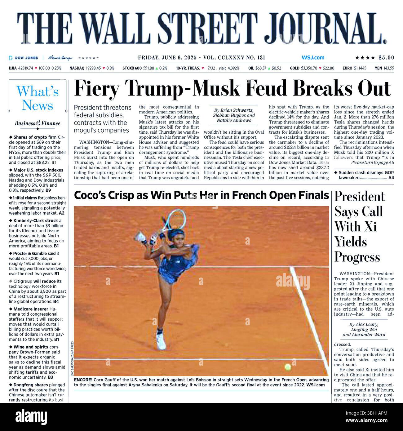 6 juin 2025 : couverture A1 du journal Wall Street Journal. Image de Loic Baratoux/ZUMA Press Wire. Headline : Coco's Crisp as Win la met en finale ouverte légende : COCO GAUFF (USA) en action lors du tennis Grand Chelem French Open 2025, match de demi-finale féminine contre L. boisson (FRA) au court central Philippe Chatrier au stade Roland Garros à Paris le 5 juin 2025. (Crédit image : © The Wall Street Journal via ZUMA Press Wire) USAGE ÉDITORIAL SEULEMENT ! Non destiné à UN USAGE commercial ! Banque D'Images