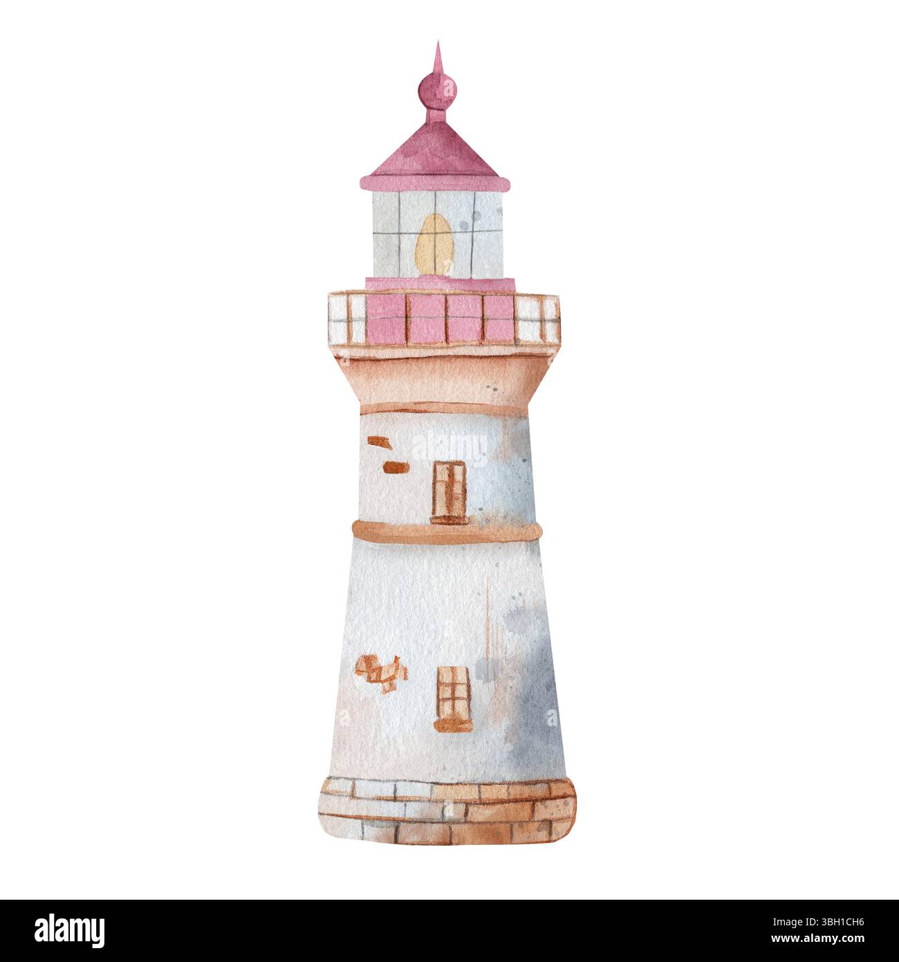 Phare. Illustration aquarelle, dessinée à la main, isolée sur fond blanc, thème nautique. Parfait pour thème nautique, blogs de voyage, cartes postales, décoration intérieure et marque nautique Banque D'Images