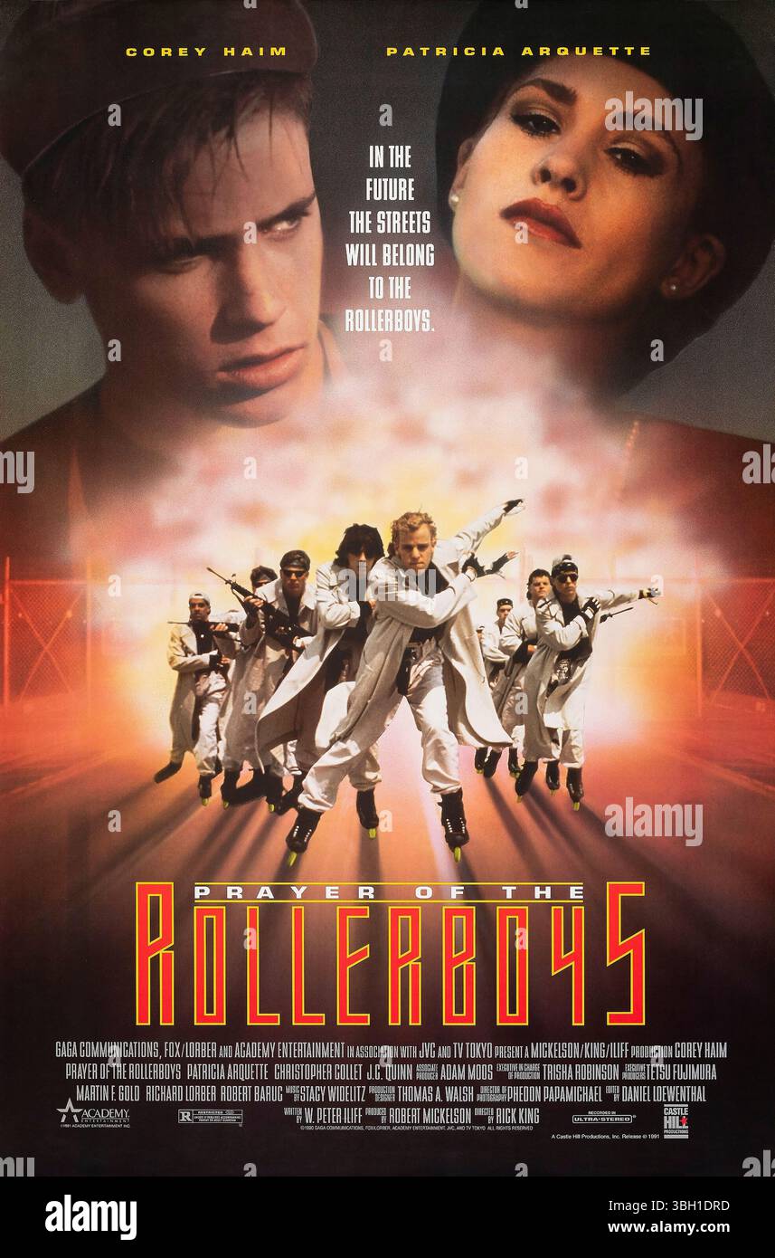 Prière des Rollerboys (1990) réalisé par Rick King et mettant en vedette Corey Haim, Patricia Arquette et Christopher collet. Dans un avenir dystopique, un adolescent doit infiltrer un gang violent de roller pour sauver son frère et survivre dans un monde où les rues sont gouvernées par les Rollerboys. Photographie d'une affiche américaine originale de 1990 À USAGE ÉDITORIAL EXCLUSIF. Crédit : BFA / Academy Entertainment Banque D'Images