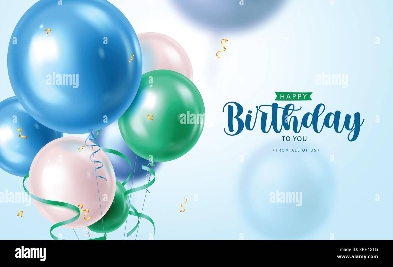 Texte de voeux d'anniversaire avec modèle de carte d'invitation de ballons gonflables bleus, verts et blancs. Illustration de Vecteur