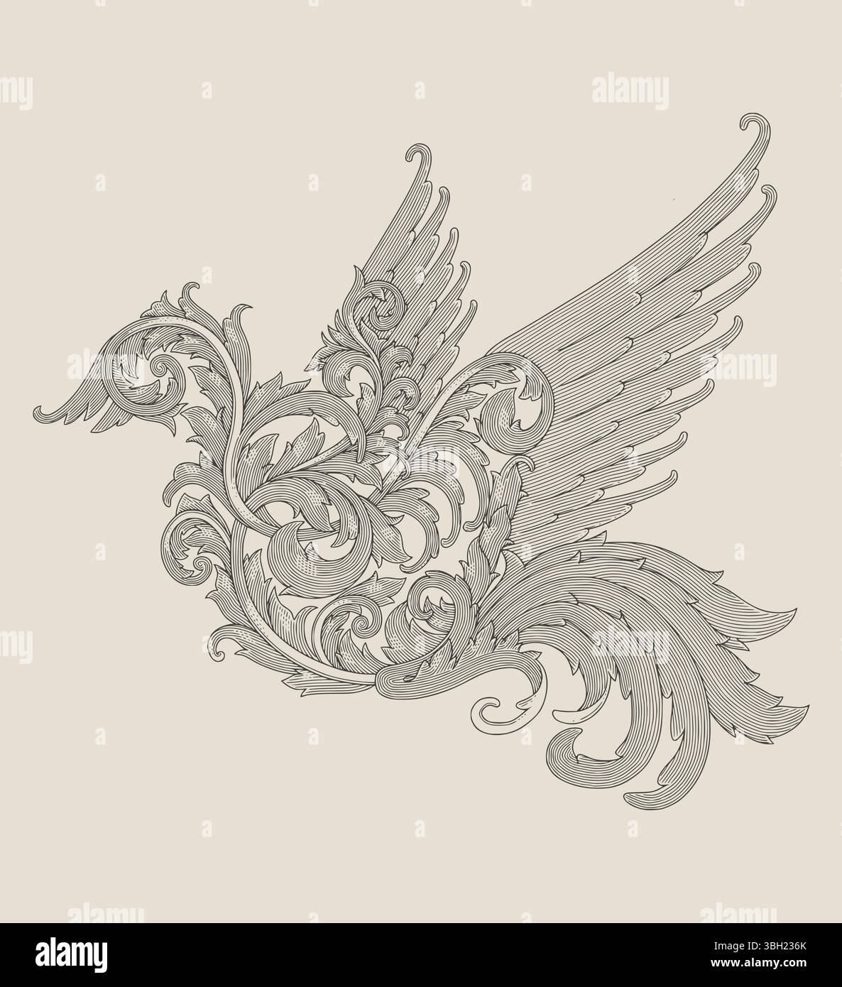 Ornement floral oiseau, illustration de style de dessin de gravure Vintage Illustration de Vecteur