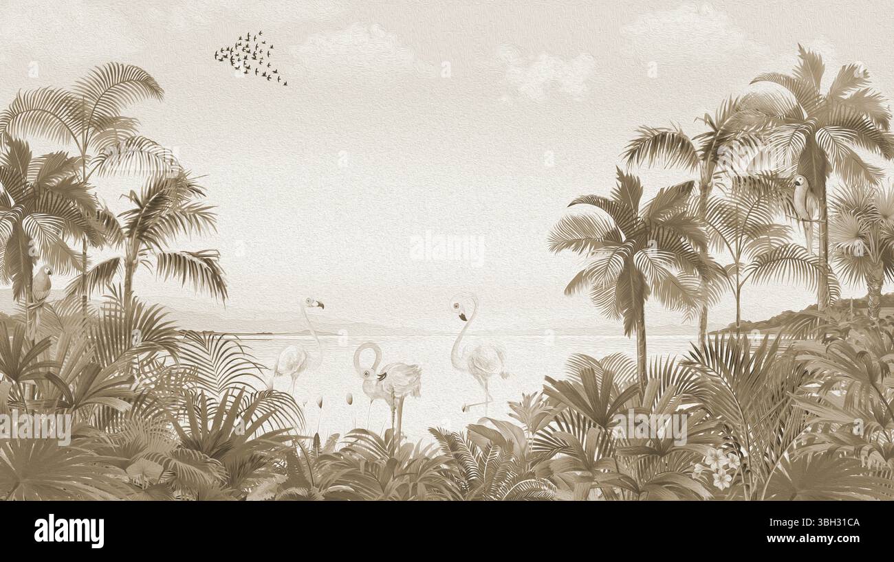 Décor tropical vieilli : forêt de palmiers brun délavé et imprimé d'art aquatique Banque D'Images