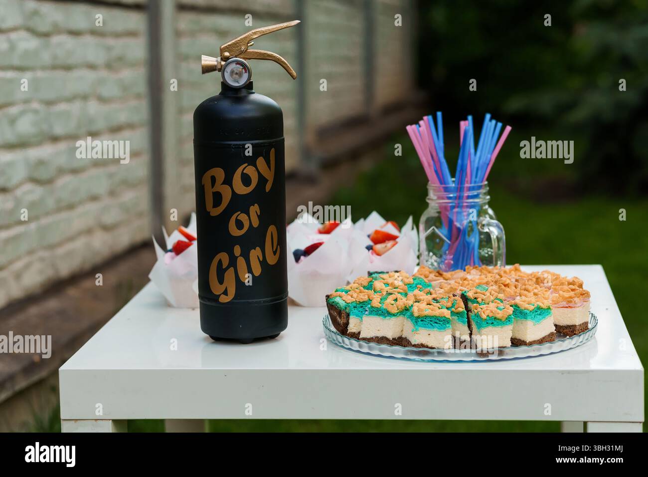 Gender Reveal Party Setup avec desserts uniques et extincteur. Banque D'Images