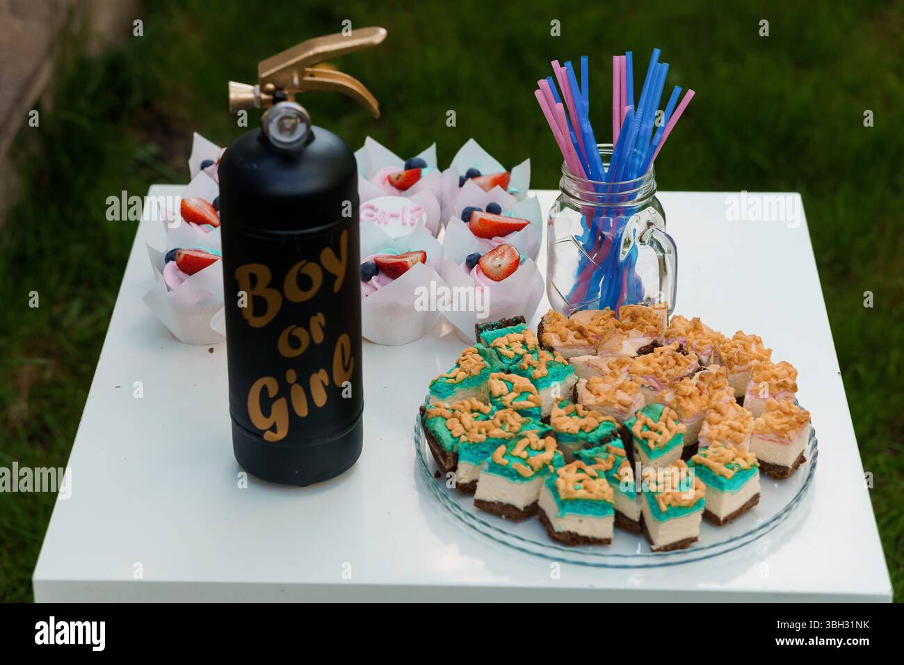 Colorful Gender Reveal Party Treats avec desserts et décorations. Banque D'Images