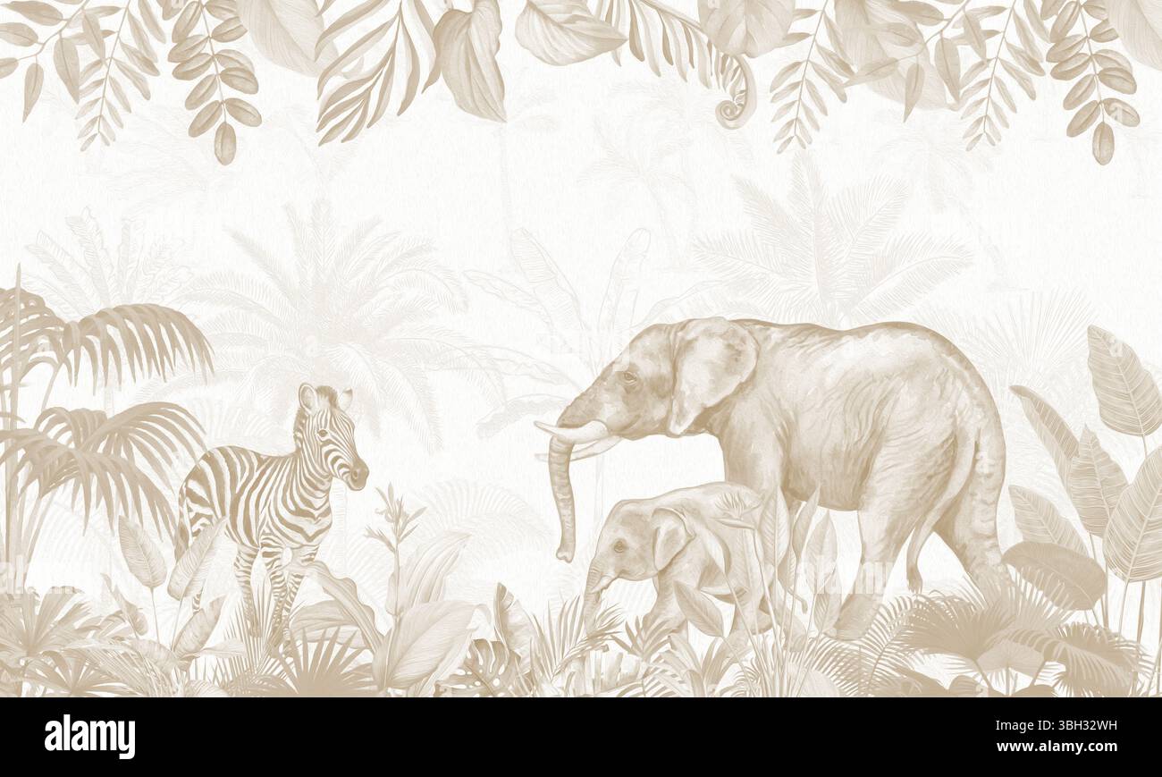 Décoration classique pour enfants : famille éléphant, zèbres en subtile impression d'art marron jungle Banque D'Images