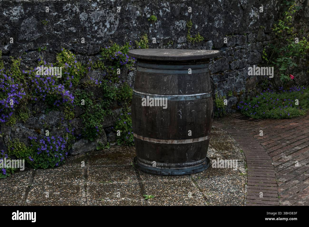 Tonneau traditionnel en bois dans un jardin de campagne avec fond de mur en pierre Banque D'Images