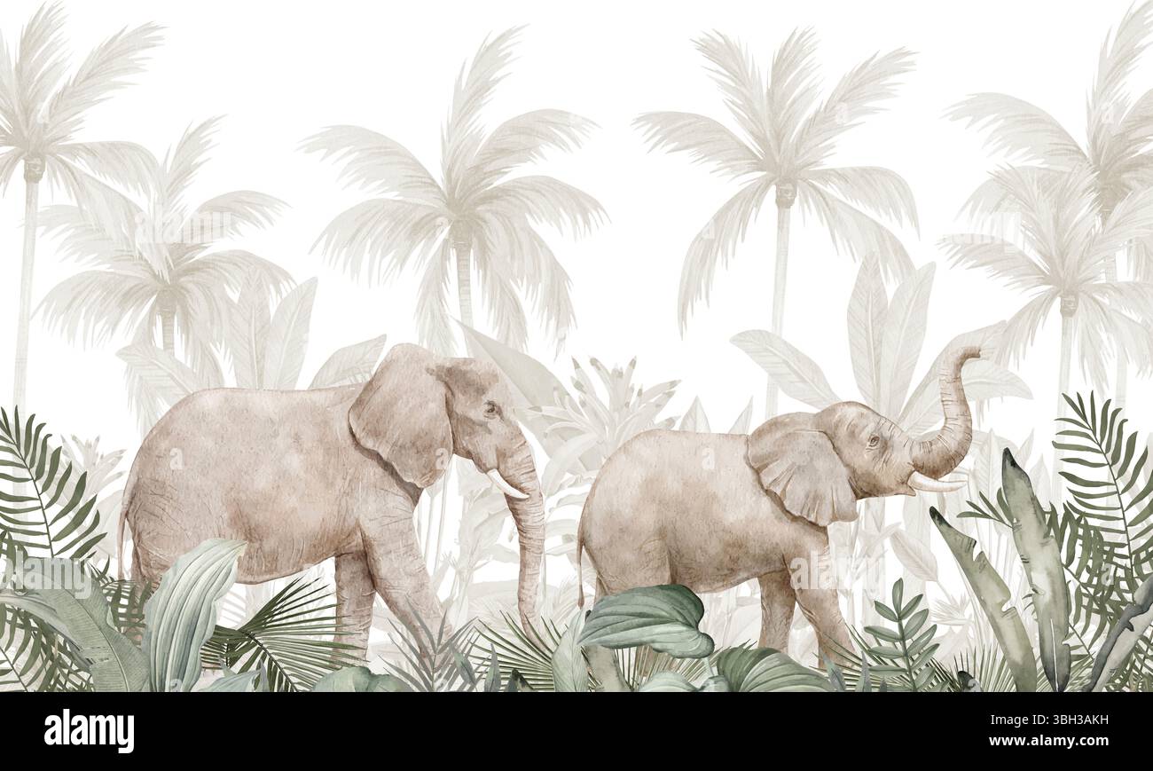 Murale subtile de la faune : éléphants, bébé éléphant dans la forêt tropicale grise douce Banque D'Images