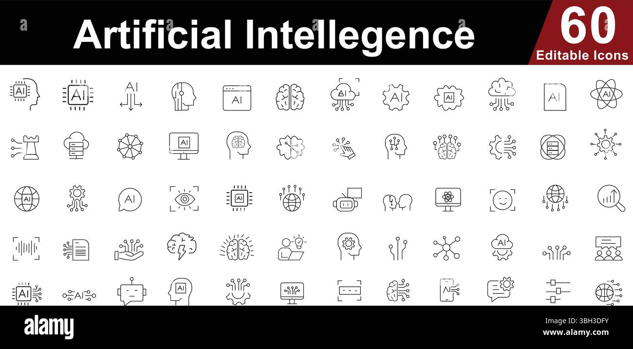 Jeu d'icônes de ligne d'intelligence artificielle. IA, apprentissage automatique, cerveau et symboles technologiques. Icônes de lignes vectorielles modifiables Illustration de Vecteur