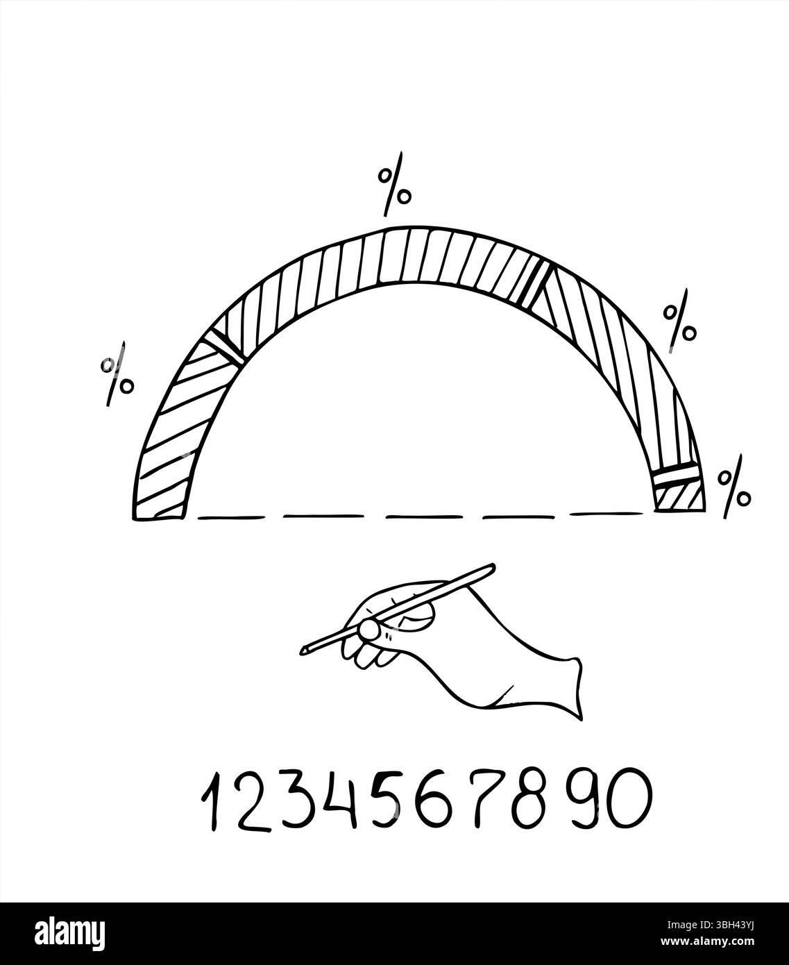 Demi-diagramme circulaire dessiné à la main avec des segments ombrés et des ratios de pourcentage, à côté d'une illustration isolée de vecteur de numéros de dessin à la main. Pour les blogs Illustration de Vecteur