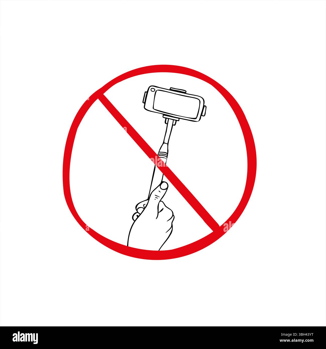 Pas de signe d'interdiction de cercle rouge selfie avec illustration vectorielle monopode tenue de main peinte par des encres noires. Pictogramme pour la signalisation des zones réglementées Illustration de Vecteur