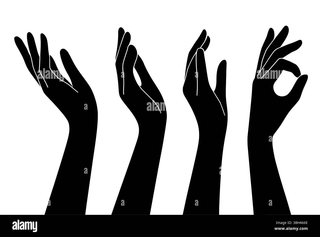 Ensemble vectoriel de silhouettes de mains humaines représentant divers gestes, noir sur fond blanc Illustration de Vecteur