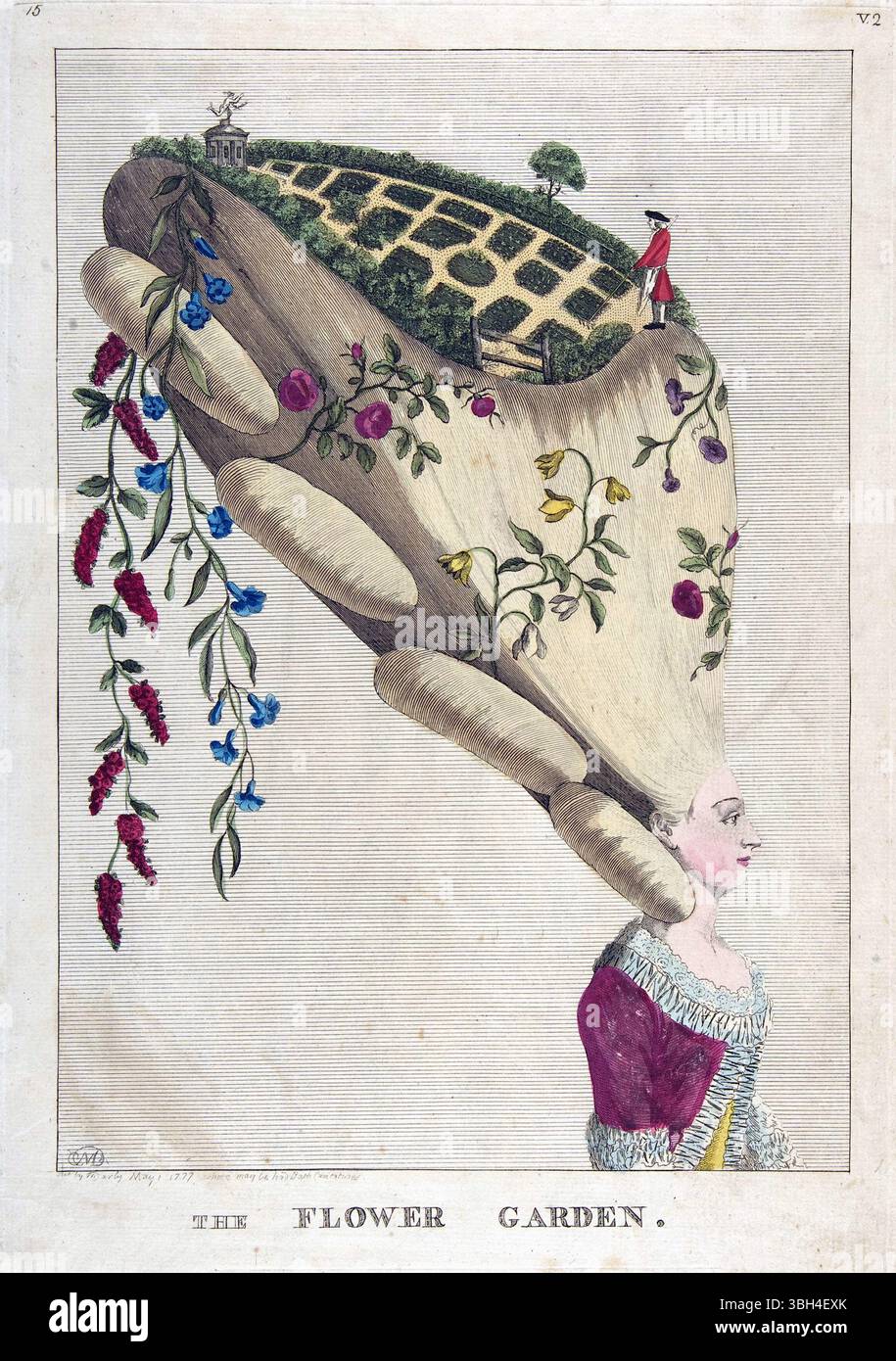 Une impression de l'aquarelle de jardin de fleurs gravant sur papier vintage 18ème siècle par Matthew Matthias Darly antique impression art dessin animé. Gravure d'une femme de profil, avec une masse imposante de cheveux surmontée d'un jardin fleuri avec un temple à Mercure avec un jardinier ratissant les chemins de gravier. La caricature de Darly de la coiffure d’une femme met en valeur la vogue des années 1770 pour des coiffures de plus en plus élaborées. Banque D'Images
