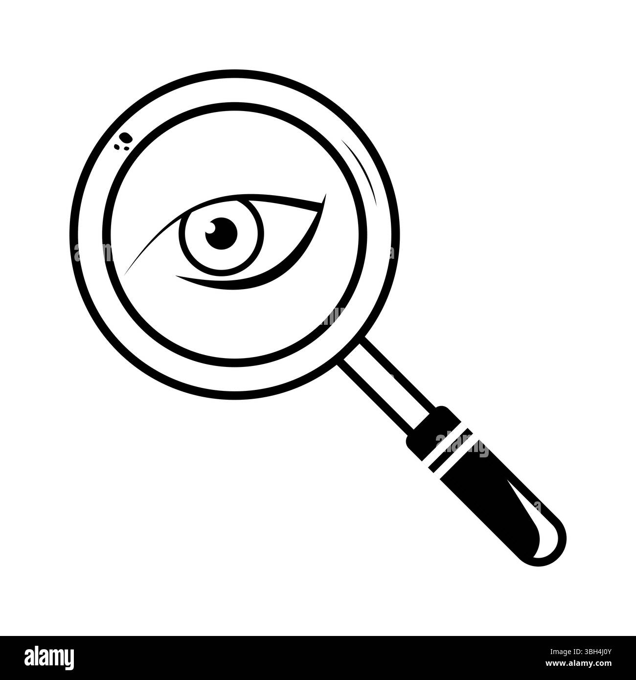 Loupe avec œil à l'intérieur illustration vectorielle. Illustration vectorielle en noir et blanc d'une loupe avec un œil humain détaillé à l'intérieur du Illustration de Vecteur