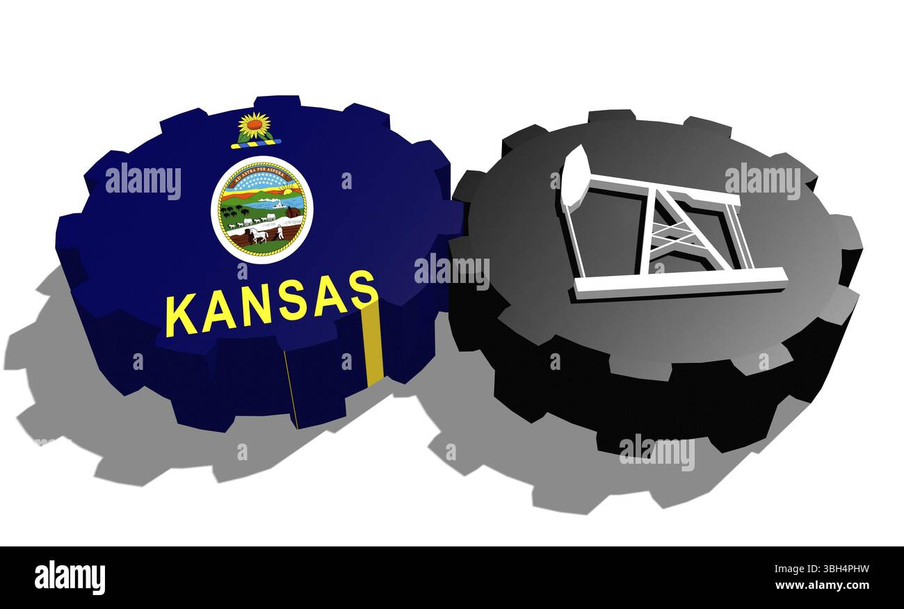 Roue COG avec pompe à huile texturée par le drapeau du Kansas. Concept d'industrie lourde et minière. Rendu 3D. Banque D'Images