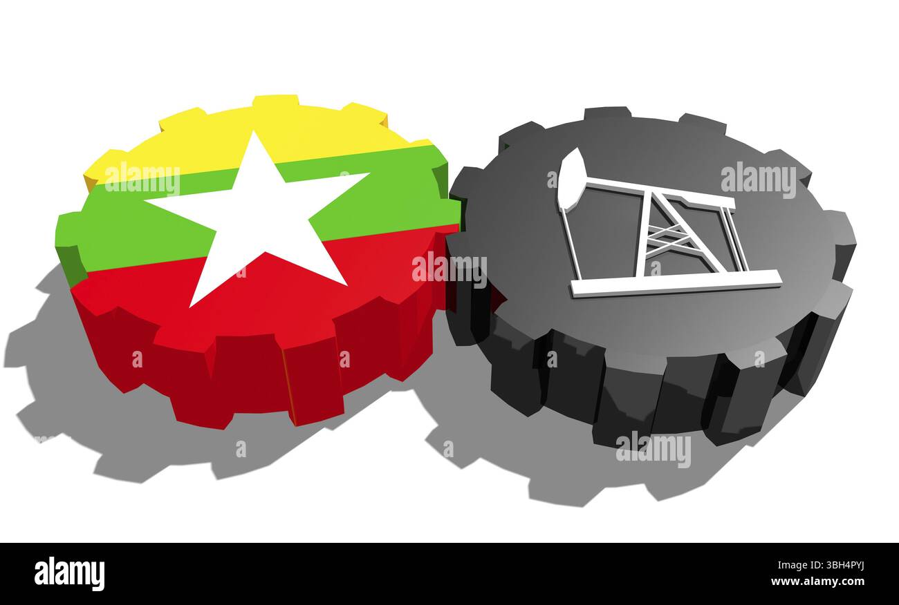Connexion des roues motrices. Icône de pompe à huile et drapeau Myanmar sur les engrenages. Concept d'industrie lourde et minière. Rendu 3D. Banque D'Images