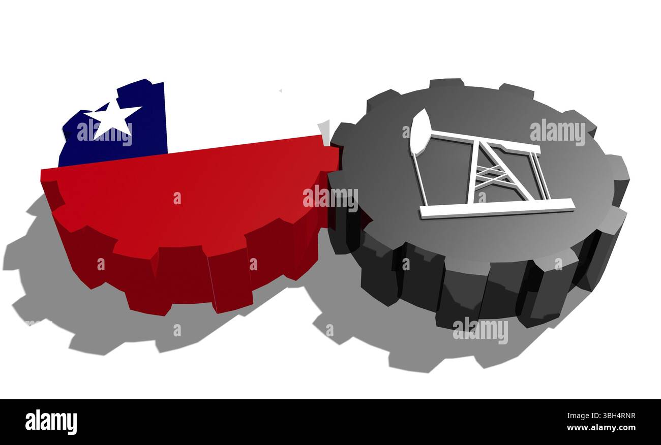 Connexion des roues motrices. Icône de pompe à huile et drapeau Chili sur les engrenages. Concept d'industrie lourde et minière. Rendu 3D. Banque D'Images