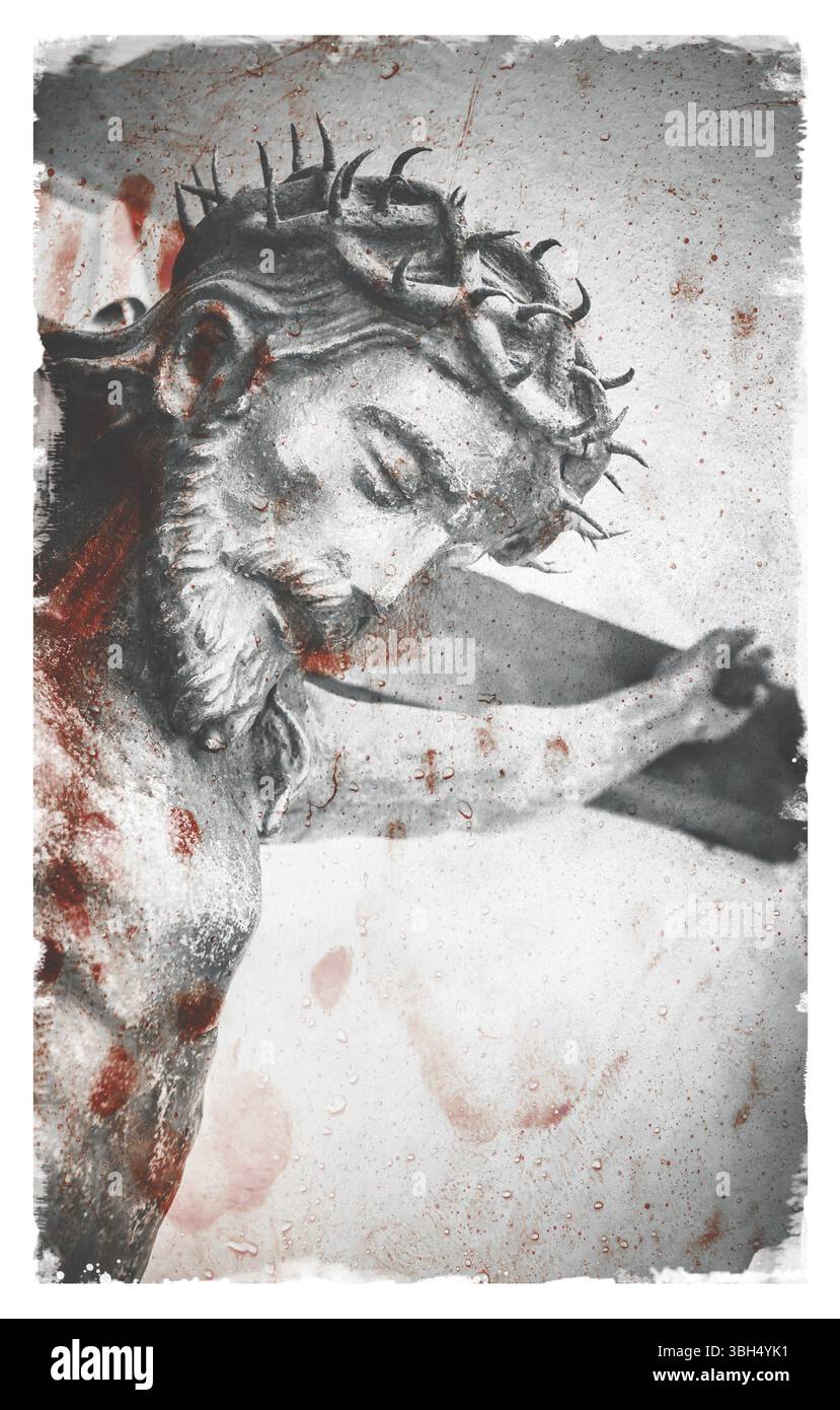 La souffrance de Jésus-Christ. Détails de la statue de bronze avec des éclaboussures de sang Banque D'Images
