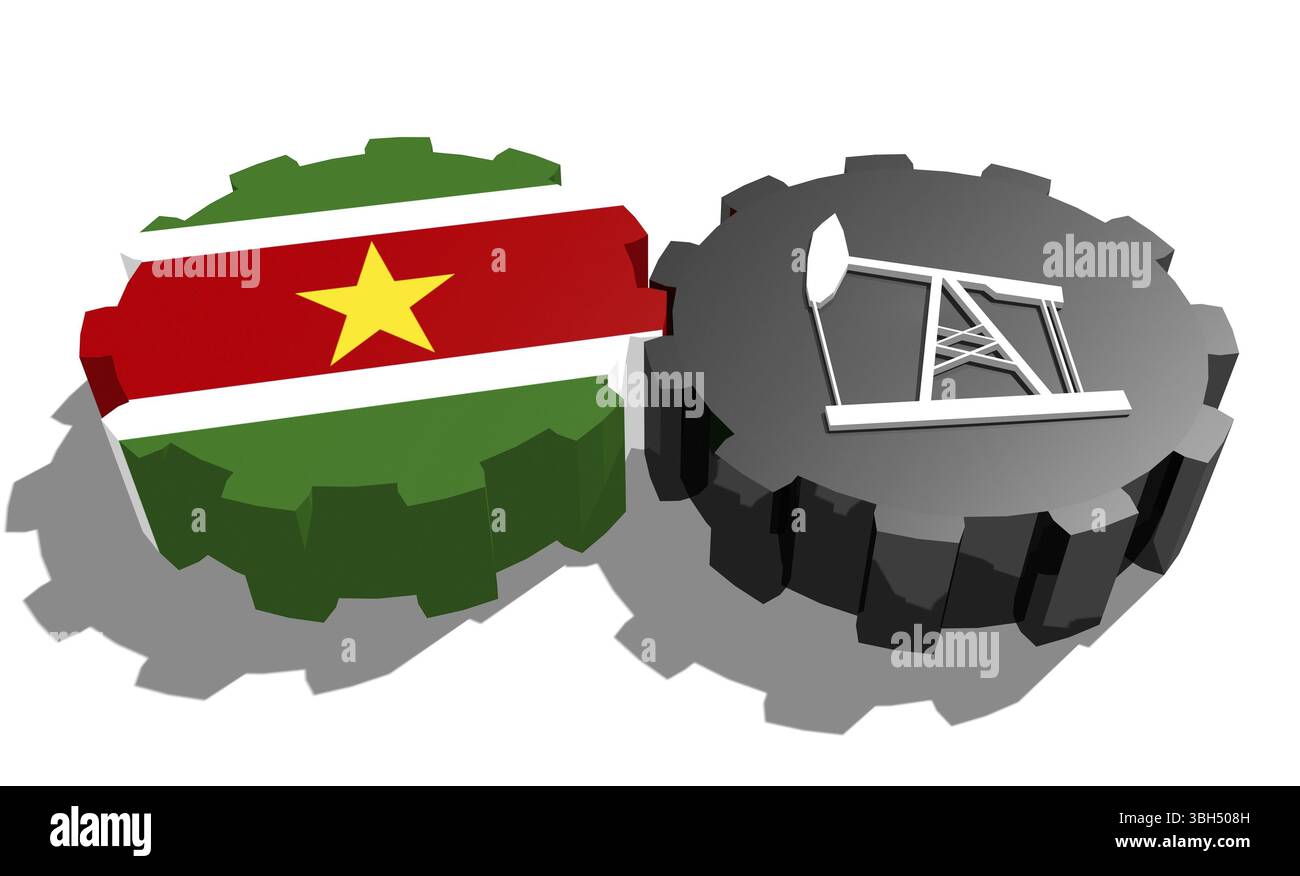 Connexion des roues motrices. Icône de pompe à huile et drapeau Suriname sur les engrenages. Concept d'industrie lourde et minière. Rendu 3D. Banque D'Images
