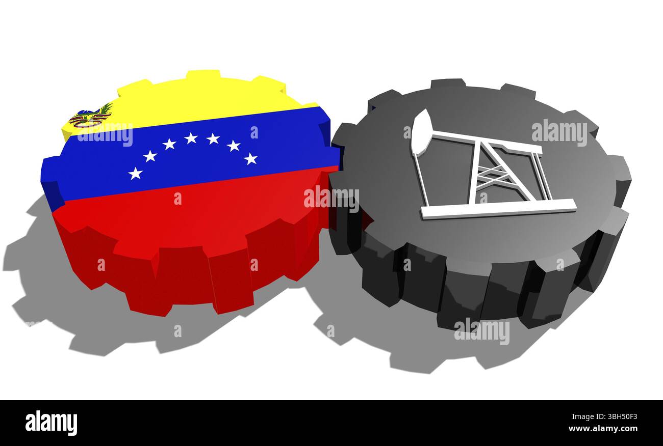 Connexion des roues motrices. Icône de pompe à huile et drapeau du Venezuela sur les engrenages. Concept d'industrie lourde et minière. Rendu 3D. Banque D'Images