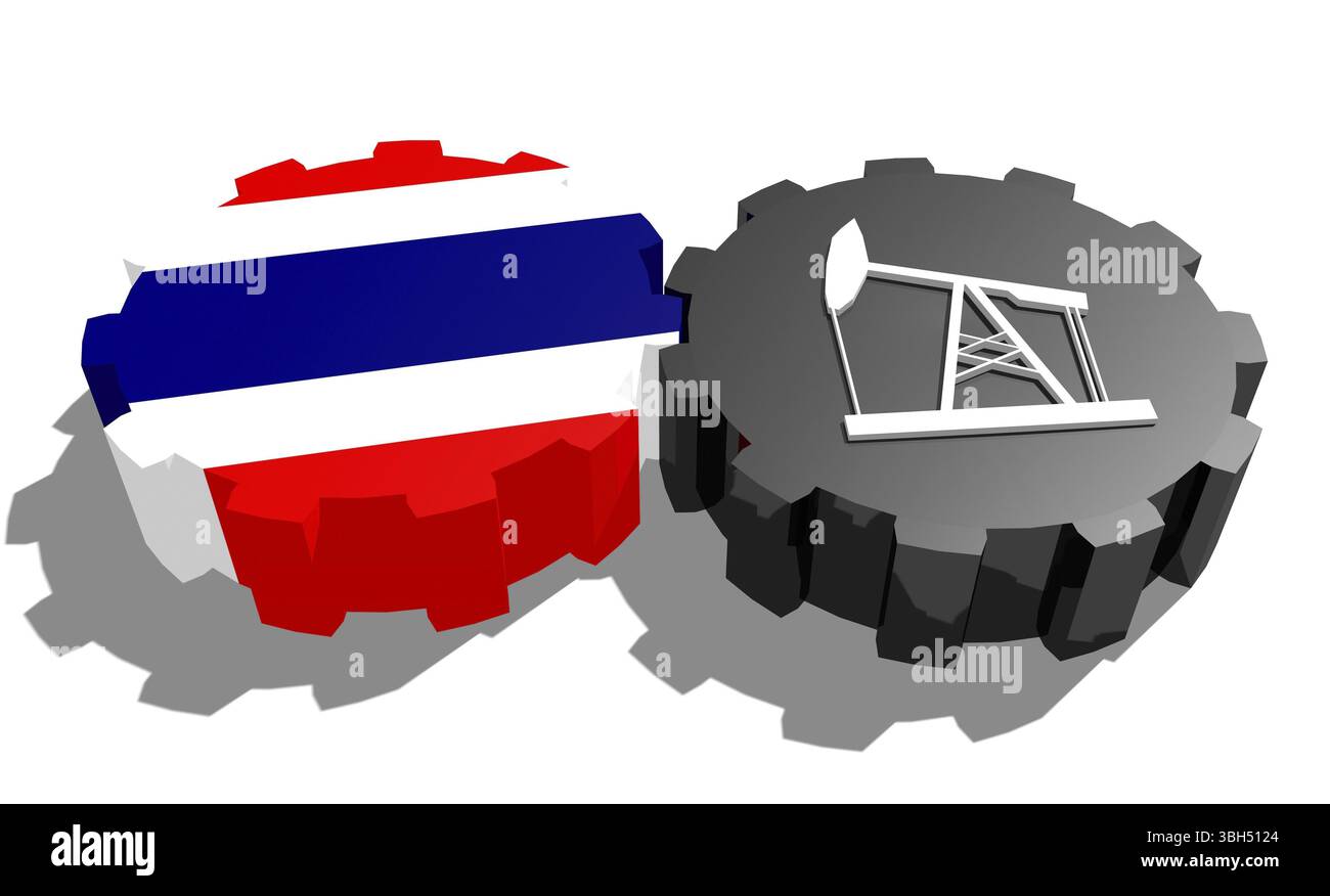 Connexion des roues motrices. Icône de pompe à huile et drapeau de Thaïlande sur les engrenages. Concept d'industrie lourde et minière. Rendu 3D. Banque D'Images