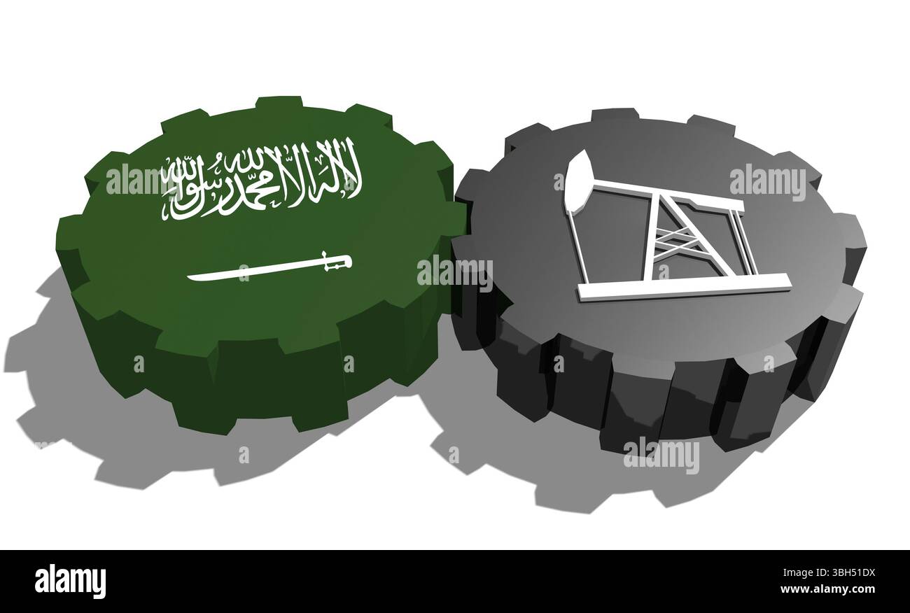 Connexion des roues motrices. Icône de pompe à huile et drapeau d'Arabie Saoudite sur les engrenages. Concept d'industrie lourde et minière. Rendu 3D. Banque D'Images
