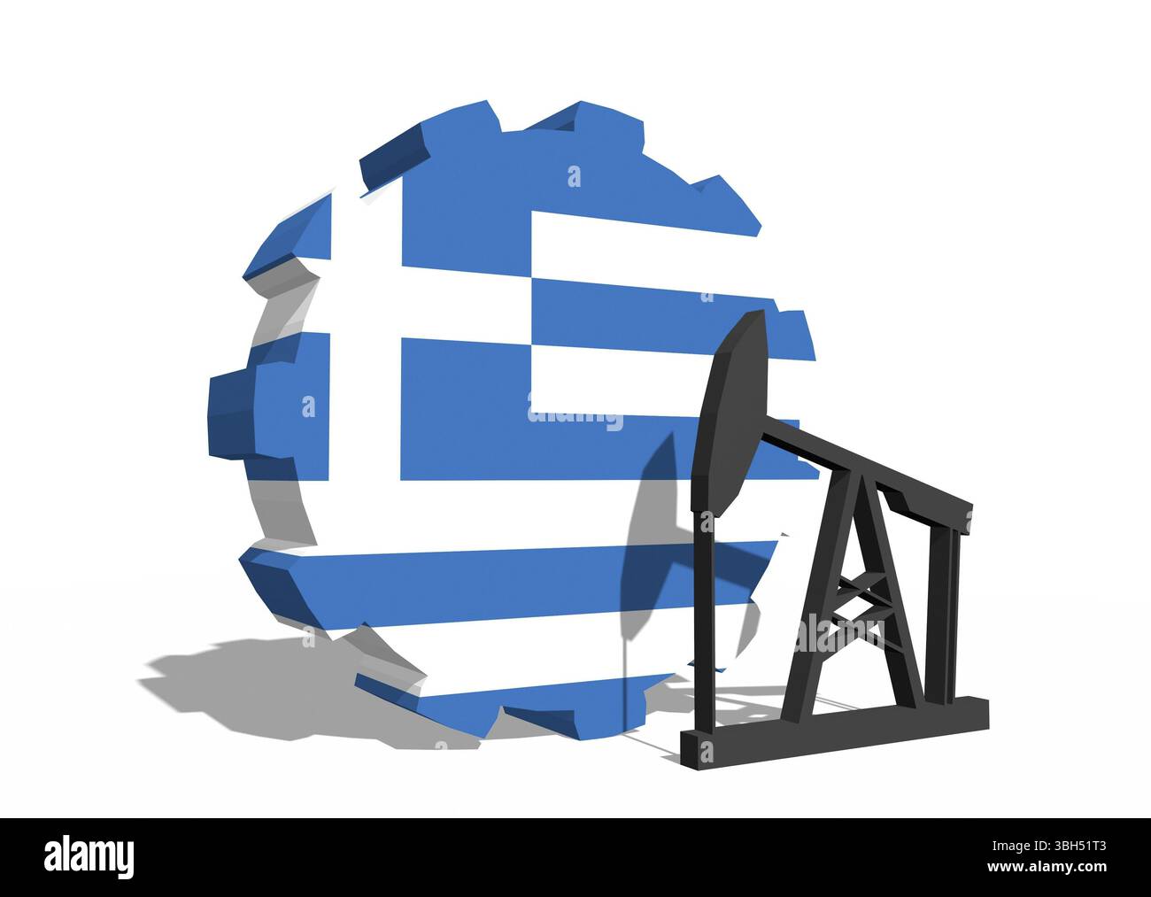 Roue COG avec pompe à huile texturée par drapeau grec. Concept d'industrie lourde et minière. Rendu 3D. Banque D'Images