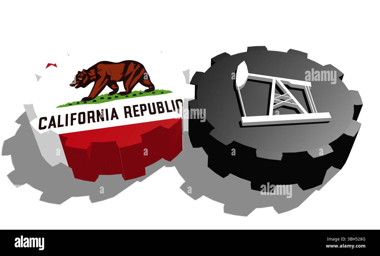 Roue COG avec pompe à huile texturée par drapeau de Californie. Concept d'industrie lourde et minière. Rendu 3D. Banque D'Images